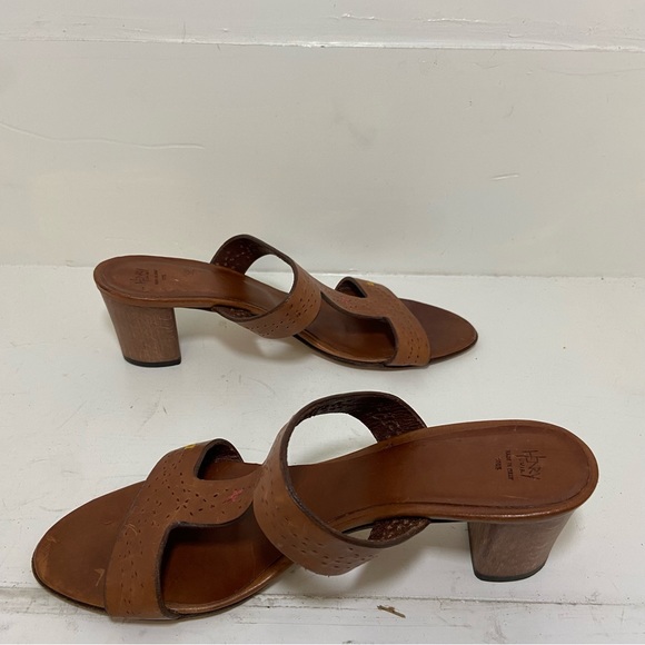 Henry Cuir Womens Brown Laser Cut Heel Leather Sandals Size 39 USA 9 - Picture 7 of 10